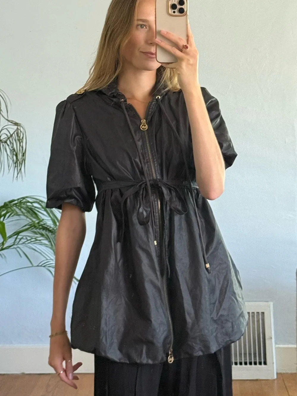 Michael Kors Black Drawstring-Waist Short-Sleeve Utility Jacket
